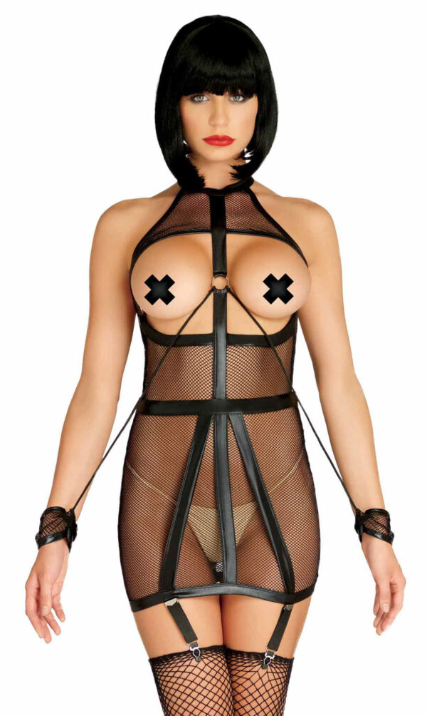 Wet Look Fishnet Bondage Garter Dress with Restraint Cuffs - Medium/Large