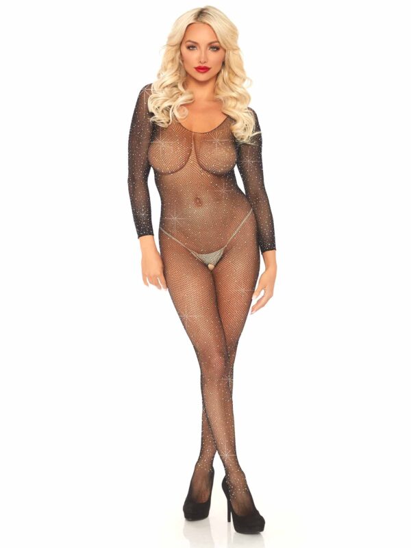 Rhinestone Fishnet Long Sleeved Crotchless Bodystocking